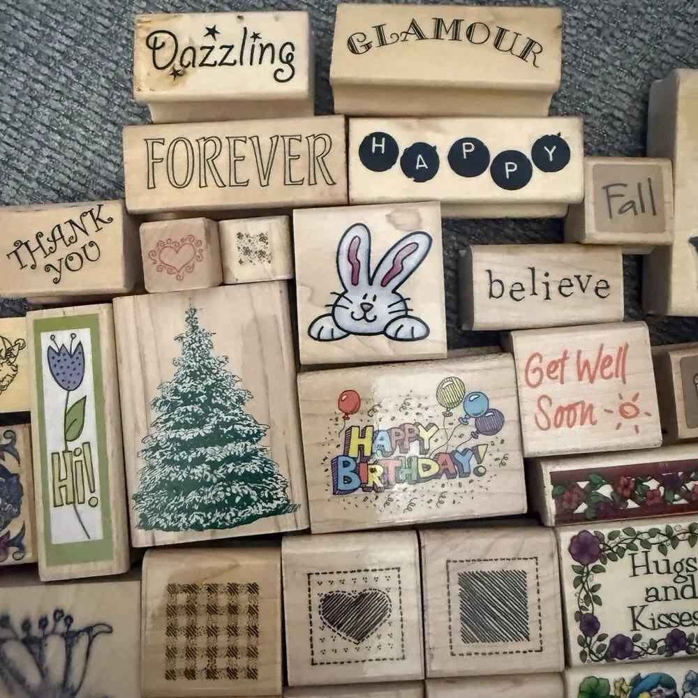 60+ Large Lot Vintage Rubber Wooden Stamps Seasons Words DOTS Sky Kids & More